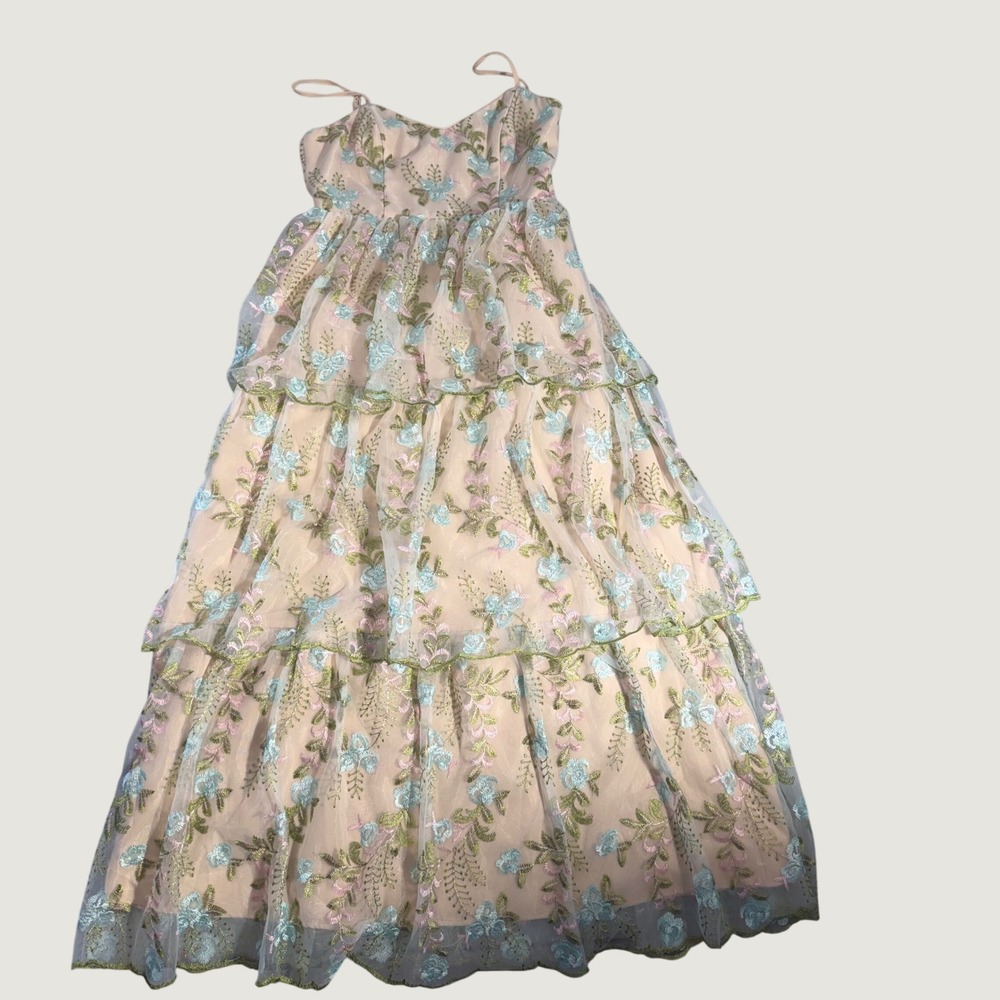 Vintage Floral Embroidered Tiered Maxi Dress Cream Blue Pink Small V-Neck Tulle - Picture 3 of 7